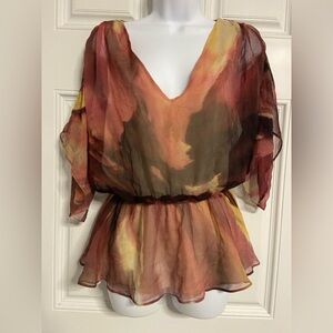 4- ALICE & OLIVIA Water Color Art V-Neck Peplum Hem SILK Top